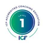 Circular badge with a blue-green gradient centre displaying LEVEL 1 and surrounded by the text ICF-Accredited Coaching Education. The ICF logo appears at the bottom of the badge. Circular badge with a blue-green gradient centre displaying LEVEL 1 and surrounded by the text ICF-Accredited Coaching Education. The ICF logo appears at the bottom of the badge.