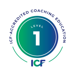 Circular badge with a blue-green gradient centre displaying LEVEL 1 and surrounded by the text ICF-Accredited Coaching Education. The ICF logo appears at the bottom of the badge.