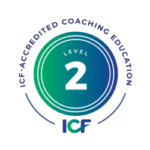Circular badge with the text “ICF-Accredited Coaching Education” around the edge, “Level 2” in the centre, and the ICF logo at the bottom. Colours are gradient shades of blue and green. Circular badge with the text “ICF-Accredited Coaching Education” around the edge, “Level 2” in the centre, and the ICF logo at the bottom. Colours are gradient shades of blue and green.