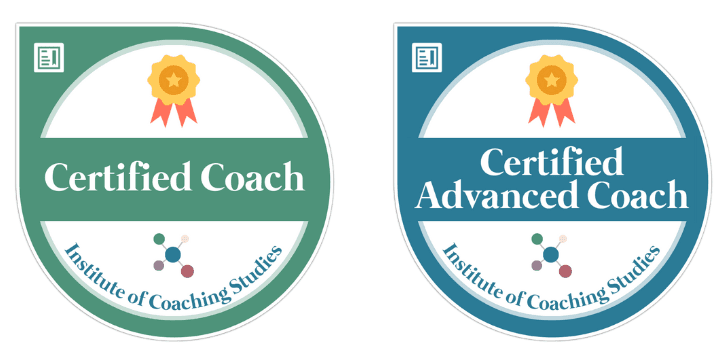 Two circular badges: one green with “Certified Coach”, and one blue with “Certified Advanced Coach”, both from the Institute of Coaching Studies, feature a gold ribbon and molecule graphic.
