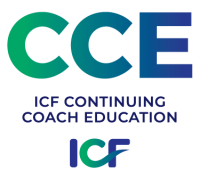 Large gradient letters “CCE” are at the top. Below, it says “ICF Continuing Coach Education.” At the bottom is the ICF logo with a green and blue swoosh forming part of the letter C. Large gradient letters “CCE” are at the top. Below, it says “ICF Continuing Coach Education.” At the bottom is the ICF logo with a green and blue swoosh forming part of the letter C.