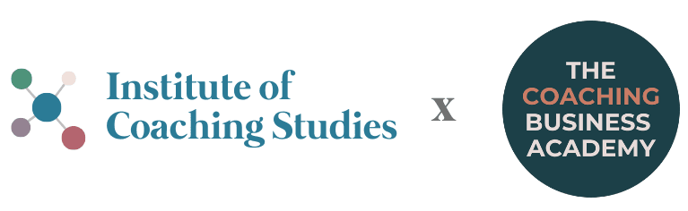 Logo of Institute of Coaching Studies beside a large X and a dark circle containing The Coaching Business Academy, with Coaching highlighted in orange.