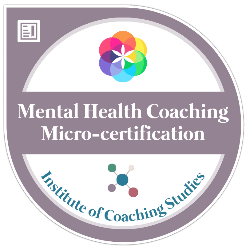A circular badge with the text Mental Health Coaching Micro-certification and Institute of Coaching Studies, featuring a colourful abstract flower and molecule graphics.