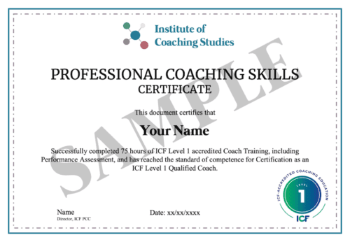 A sample certificate from the Institute of Coaching Studies for Professional Coaching Skills, awarded to Your Name, indicating completion of 75 hours of accredited training and ICF Level 1 qualification.