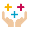 Two open hands facing upwards with yellow, red, and blue plus signs floating above them, symbolising positivity, support, or adding value.