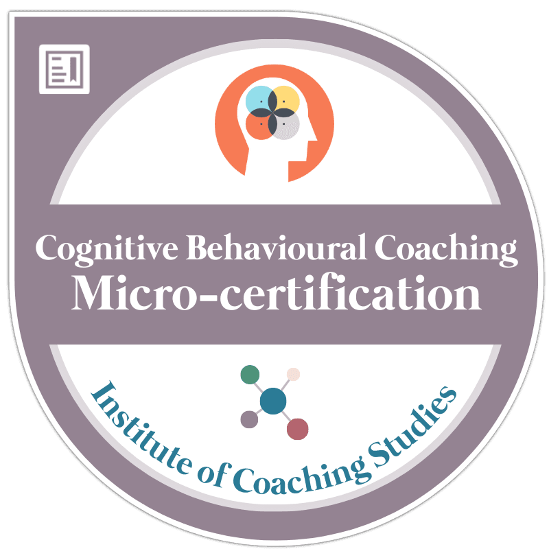A circular badge labelled Cognitive Behavioural Coaching Micro-certification from the Institute of Coaching Studies, featuring a head graphic with multicoloured circles and a small icon of a document in the corner.