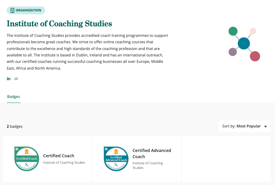 A webpage for the Institute of Coaching Studies features a description of their coaching programmes, social media links, and two digital badges: Certified Coach and Certified Advanced Coach.