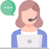 Illustration of a customer service adviser with brown hair wearing a headset, sitting in front of a laptop, with a green chat bubble beside them.
