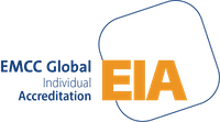 Logo of EMCC Global Individual Accreditation, featuring the acronym EIA in large orange letters, with the rest of the text in blue inside a tilted blue-bordered rectangle.