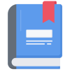 A closed blue book with a red bookmark ribbon at the top right corner. The cover has white label areas and horizontal lines suggesting text.