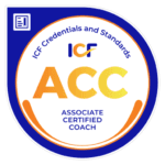 Circular badge with ICF Credentials and Standards at the top, ICF ACC in large letters in the centre, and Associate Certified Coach below, featuring blue and orange accents. Circular badge with ICF Credentials and Standards at the top, ICF ACC in large letters in the centre, and Associate Certified Coach below, featuring blue and orange accents.