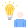 Illustration of a faceless person in blue with a large glowing yellow light bulb above their head, symbolising having an idea or inspiration.
