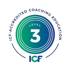 Circular badge with text ICF-Accredited Coaching Education around the edge, Level 3 in the centre, and ICF at the bottom. The design uses green and blue gradients with concentric circles.