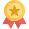 A gold medal with a star in the centre and two red ribbons hanging below it, symbolising an award or achievement.