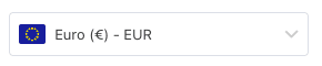 A drop-down menu showing the Euro currency option with the Euro symbol (€) and the code EUR, next to a blue square with yellow stars forming a circle.
