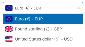 A drop-down menu for selecting currency, showing options: Euro (€) - EUR (highlighted), Pound sterling (£) - GBP, and United States dollar ($) - USD, with corresponding flags.