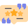 A speech bubble with three yellow stars in the centre, surrounded by blue quotation marks and short horizontal lines, representing a review or customer feedback.